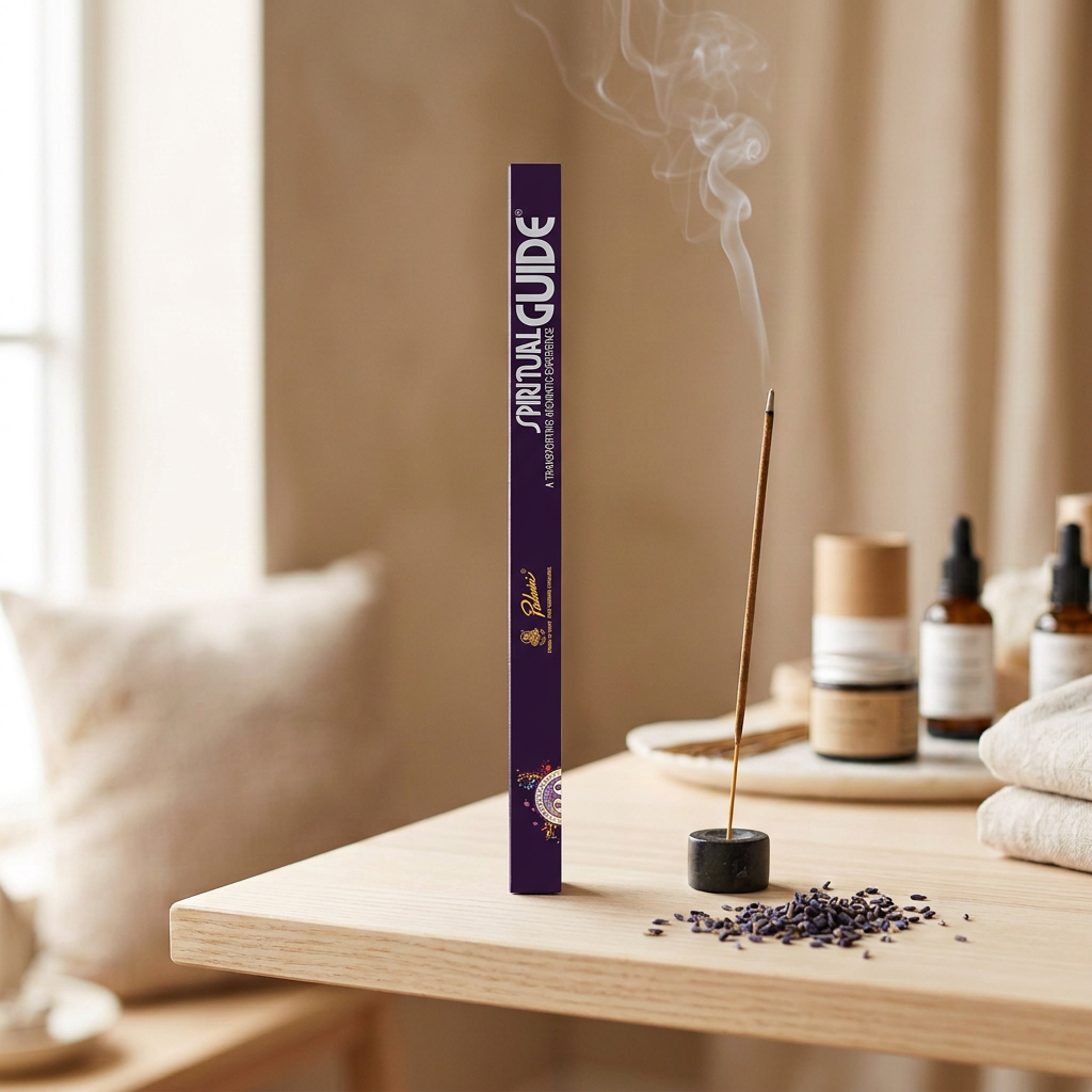Incenso Padmini Spiritual Guide (Guida Spirituale) 8 stick su mensola in legno chiaro, accanto a un bastoncino acceso