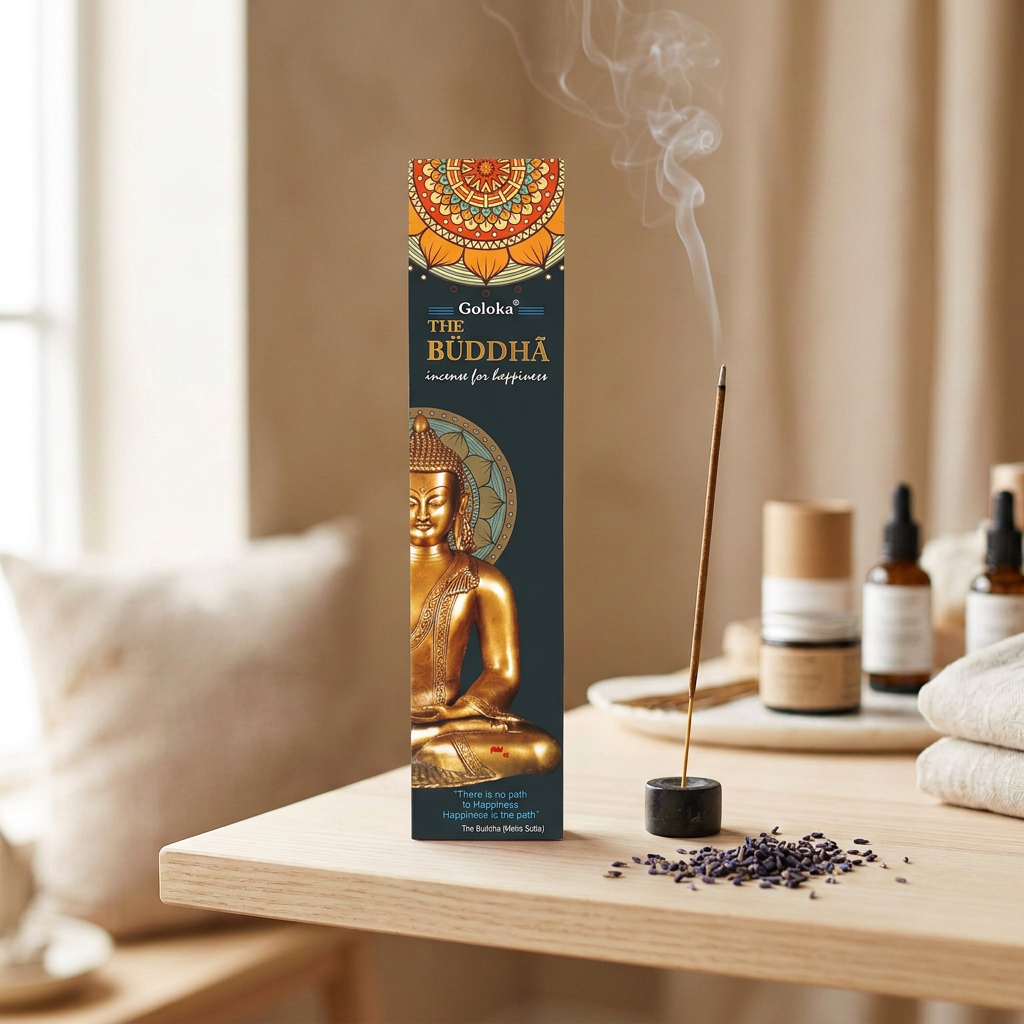 Incenso Goloka The Buddha (Il Buddha) su mensola in legno chiaro, accanto a un bastoncino acceso
