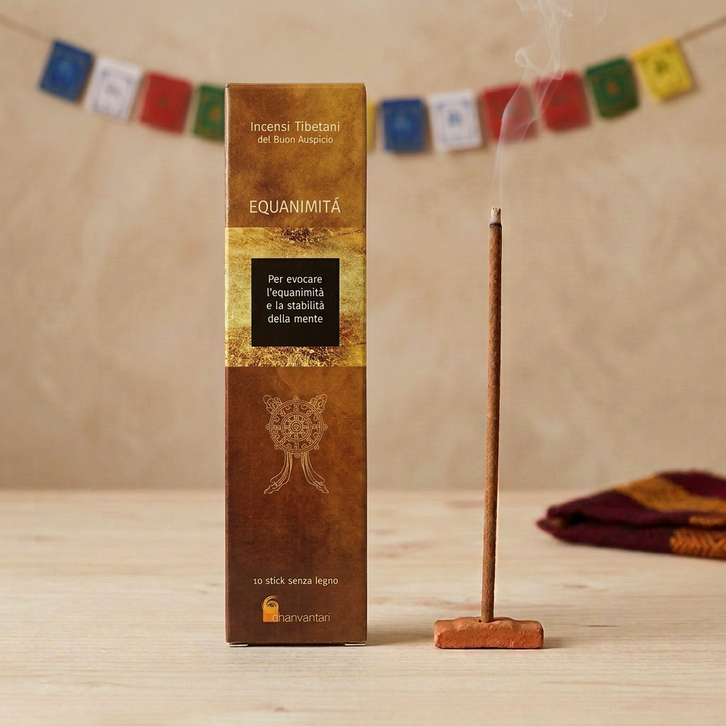 Incenso Tibetano del Buon Auspicio Dhanvantari Equanimità su legno chiaro, con bastoncino acceso in portaincenso di terracotta e bandierine tibetane sfocate sullo sfondo