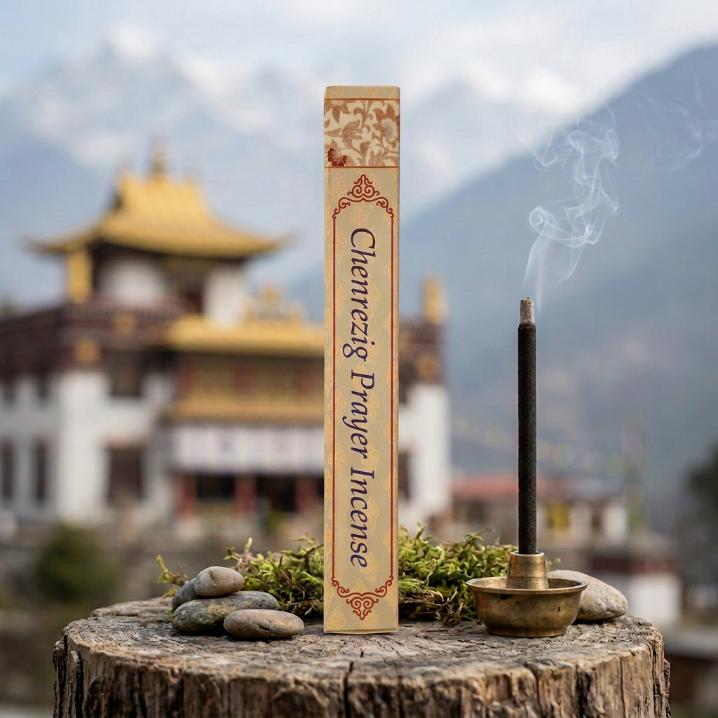 Confezione di incenso tibetano Chenrezig Prayer Himalayan Arts su un tronco con sassi e muschio, accanto a un bastoncino acceso, con tempio tibetano e montagne sullo sfondo