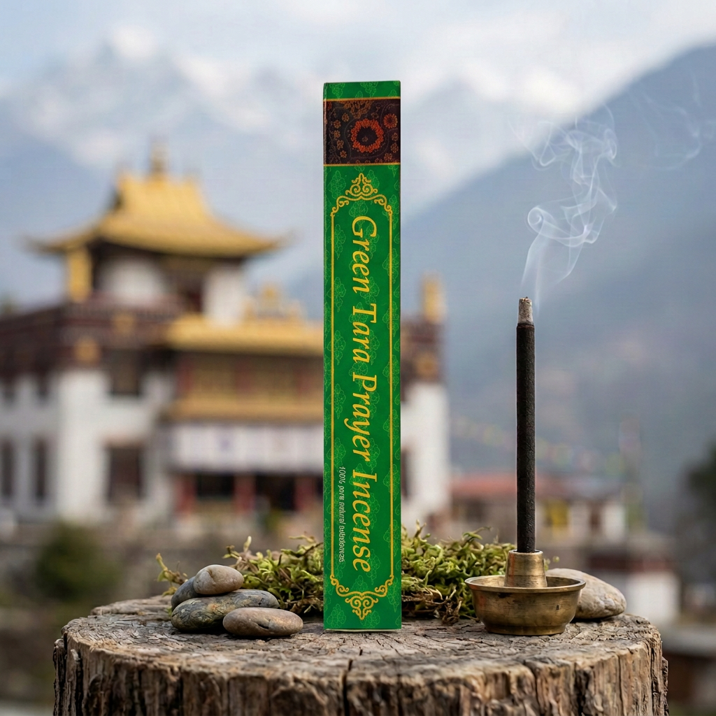 Confezione di incenso tibetano Green Tara Prayer Himalayan Arts su un tronco con sassi e muschio, accanto a un bastoncino acceso, con tempio tibetano e montagne sullo sfondo