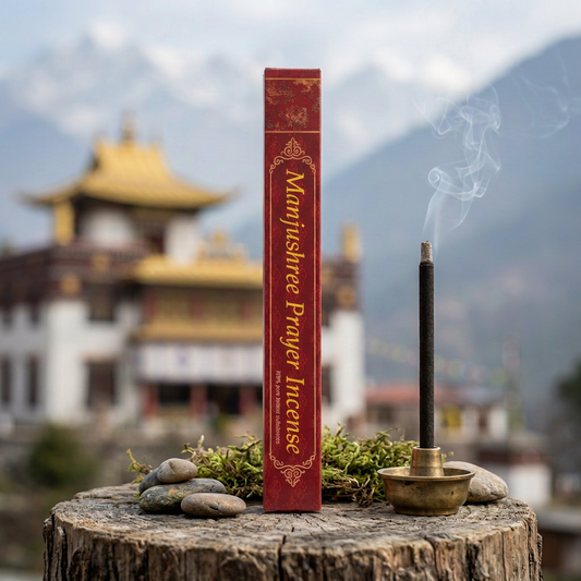 Confezione di incenso tibetano Manjushree Prayer Himalayan Arts su un tronco con sassi e muschio, accanto a un bastoncino acceso, con tempio tibetano e montagne sullo sfondo