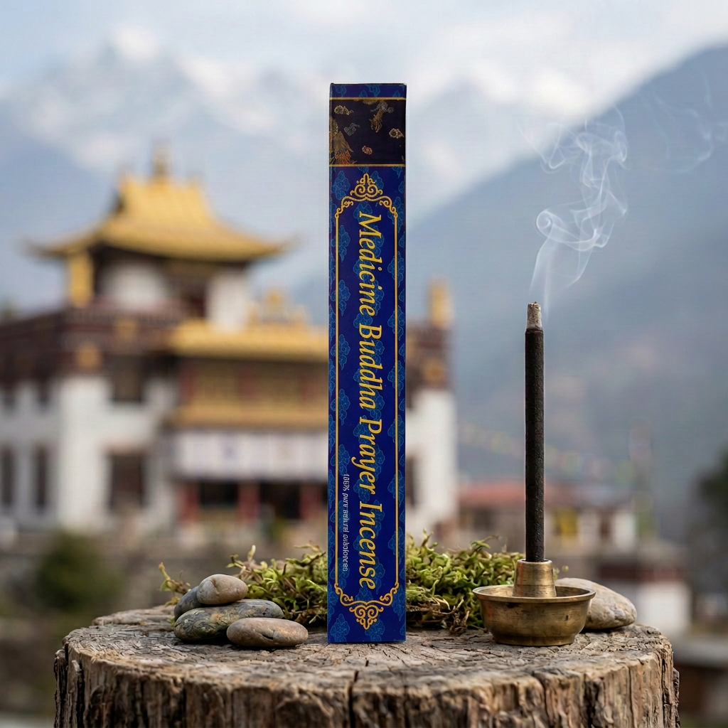Confezione di incenso tibetano Medicine Buddha Prayer Himalayan Arts su un tronco con sassi e muschio, accanto a un bastoncino acceso, con tempio tibetano e montagne sullo sfondo