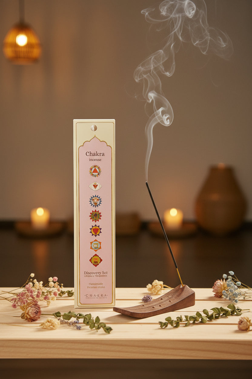Discovery Set incensi Chakra Fiore d'Oriente con stick acceso in atmosfera olistica – Erboristeria La Clessidra Carpi