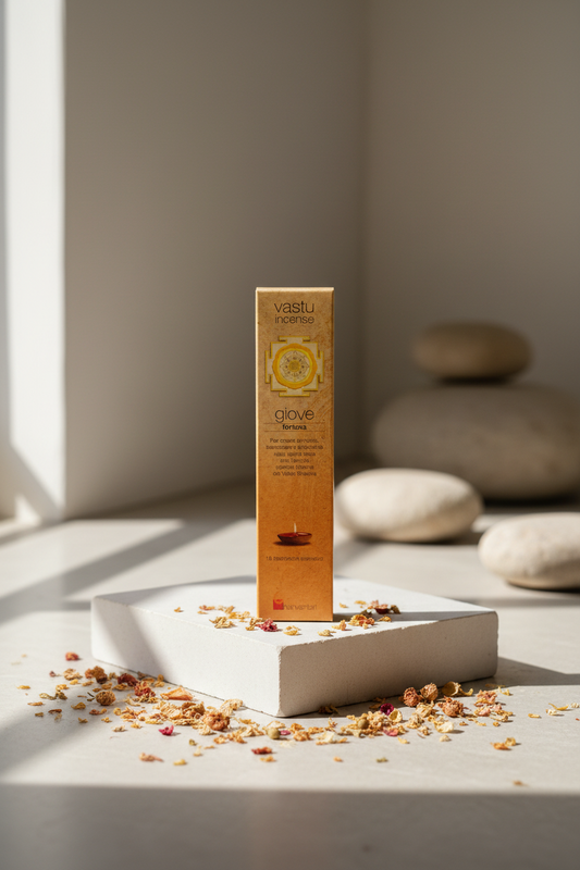 Astuccio  di incenso ayurvedico Dhanvantari Giove Energia su pietra liscia in uno studio zen di Erboristeria La Clessidra Carpi