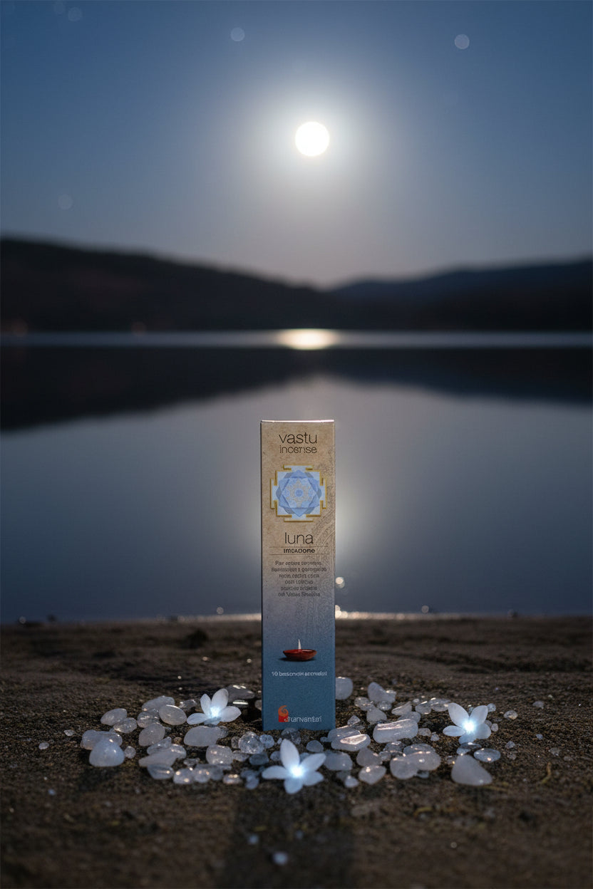 Astuccio sul terreno di incenso naturale Luna Intuizione Dhanvantari linea Vastu tra quarzo e fiori bianchi sotto la luna da Erboristeria La Clessidra Carpi