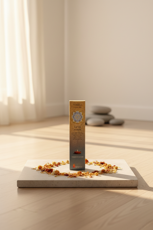 Astuccio di incenso ayurvedico Dhanvantari Luna Intuizione su pietra liscia in uno studio zen da Erboristeria La Clessidra Carpi