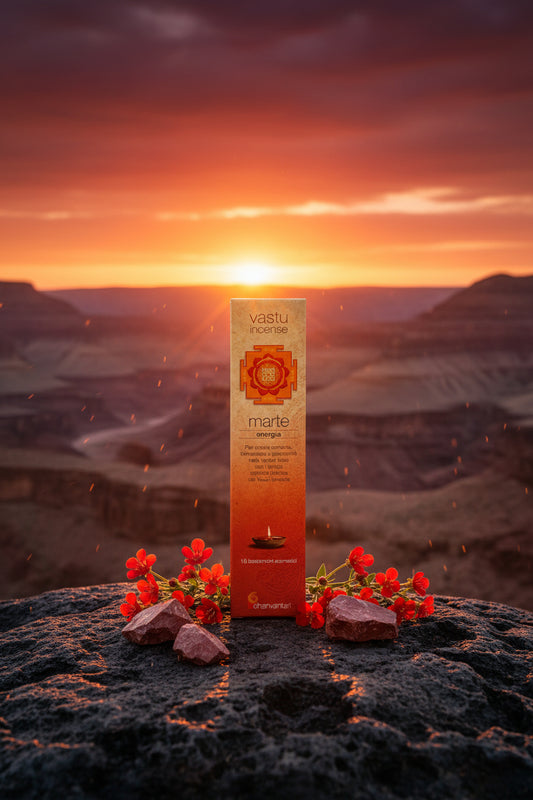 Astuccio sul terreno di incenso naturale Marte Energia Dhanvantari linea Vastu tra diaspro rosso e fiori sotto il tramonto da Erboristeria La Clessidra Carpi