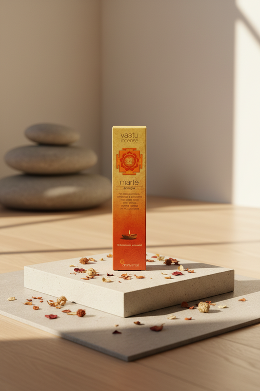 Astuccio di incenso ayurvedico Dhanvantari Marte Energia su pietra liscia in uno studio zen da Erboristeria La Clessidra Carpi