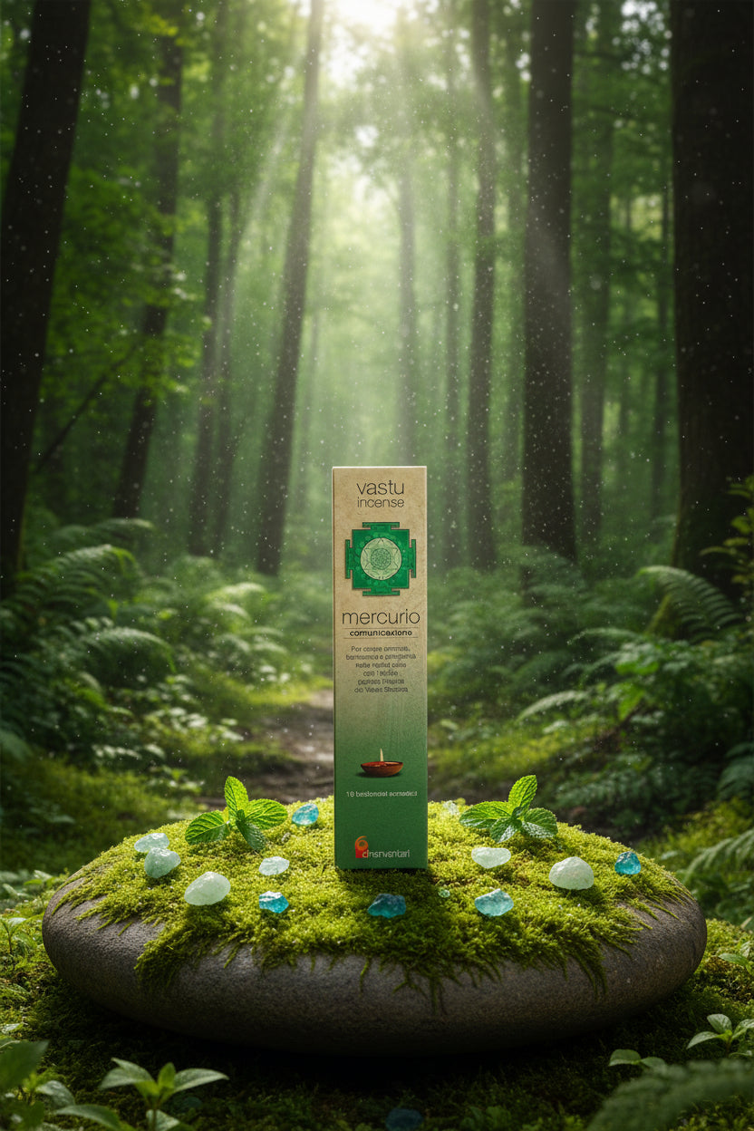 Astuccio sul terreno di incenso naturale Mercurio Comunicazione Dhanvantari linea Vastu tra avventurina verde e foglie sotto la rugiada da Erboristeria La Clessidra Carpi