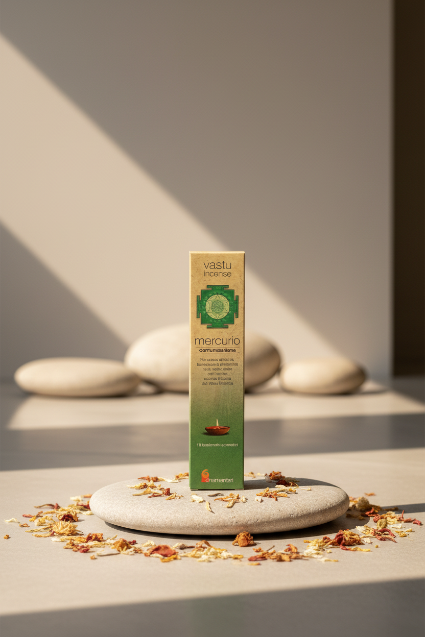 Astuccio di incenso ayurvedico Dhanvantari Mercurio Comunicazione su pietra liscia in uno studio zen da Erboristeria La Clessidra Carpi