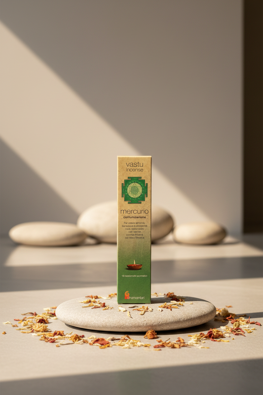 Astuccio di incenso ayurvedico Dhanvantari Mercurio Comunicazione su pietra liscia in uno studio zen da Erboristeria La Clessidra Carpi