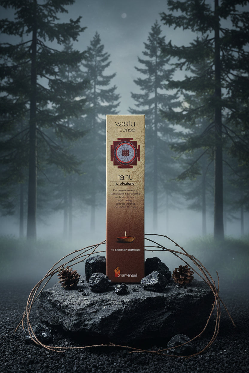 Astuccio di incenso naturale Rahu Protezione Dhanvantari linea Vastu tra tormalina nera e legni nella foresta da Erboristeria La Clessidra Carpi.