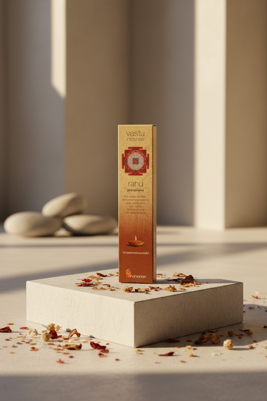 Astuccio di incenso ayurvedico Dhanvantari Rahu Protezione su pietra liscia in uno studio zen da Erboristeria La Clessidra Carpi