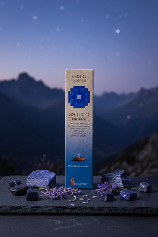 Astuccio di incenso naturale Saturno Percezione Dhanvantari linea Vastu tra lapislazzuli e fiori blu in montagna da Erboristeria La Clessidra Carpi