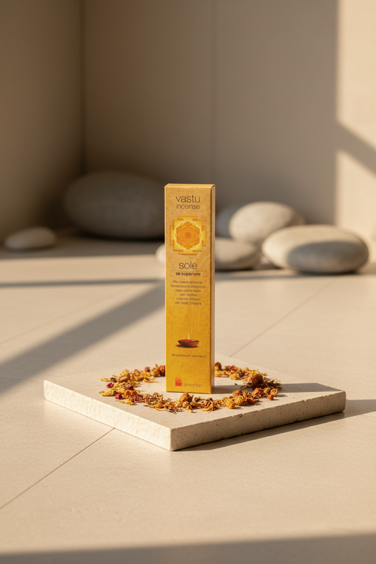 Astuccio di incenso ayurvedico Dhanvantari Sole Sé Superiore su pietra liscia in uno studio zen da Erboristeria La Clessidra Carpi.