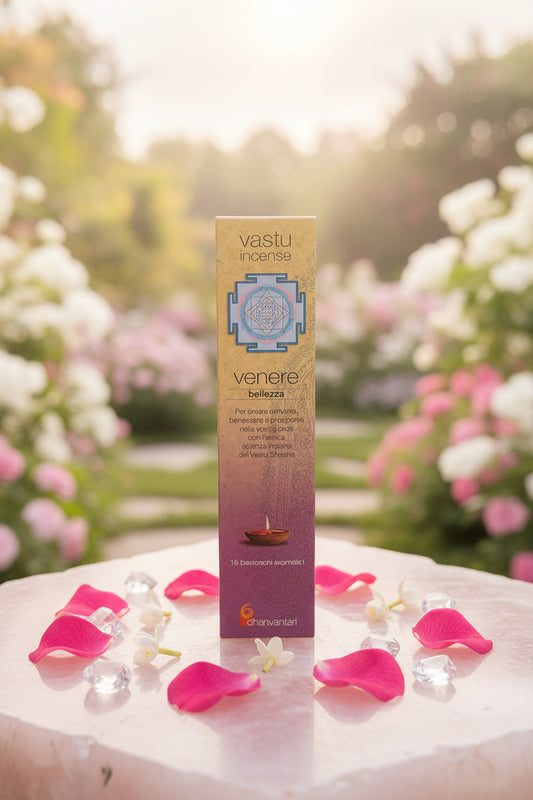 Astuccio di incenso naturale Venere Bellezza Dhanvantari linea Vastu tra quarzo rosa e petali di gelsomino da Erboristeria La Clessidra Carpi