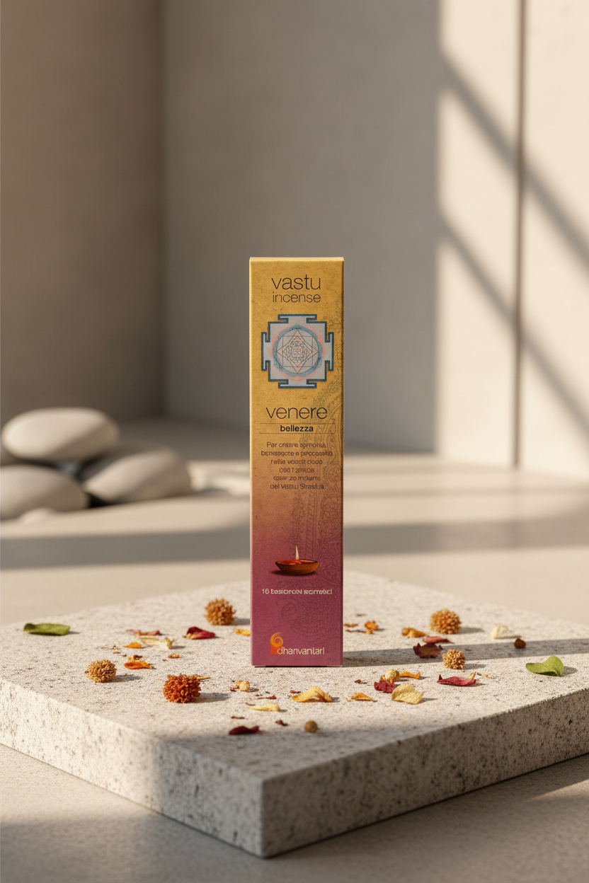 Astuccio di incenso ayurvedico Dhanvantari Venere Bellezza su pietra liscia in uno studio zen da Erboristeria La Clessidra Carpi