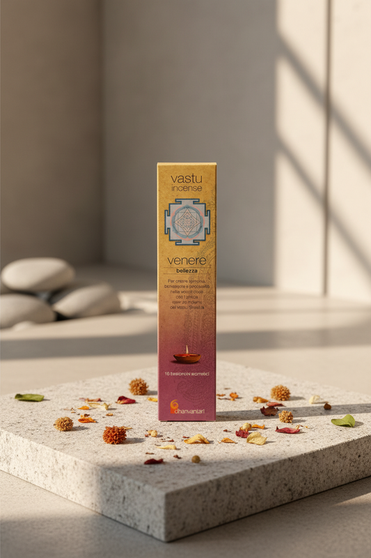 Astuccio di incenso ayurvedico Dhanvantari Venere Bellezza su pietra liscia in uno studio zen da Erboristeria La Clessidra Carpi