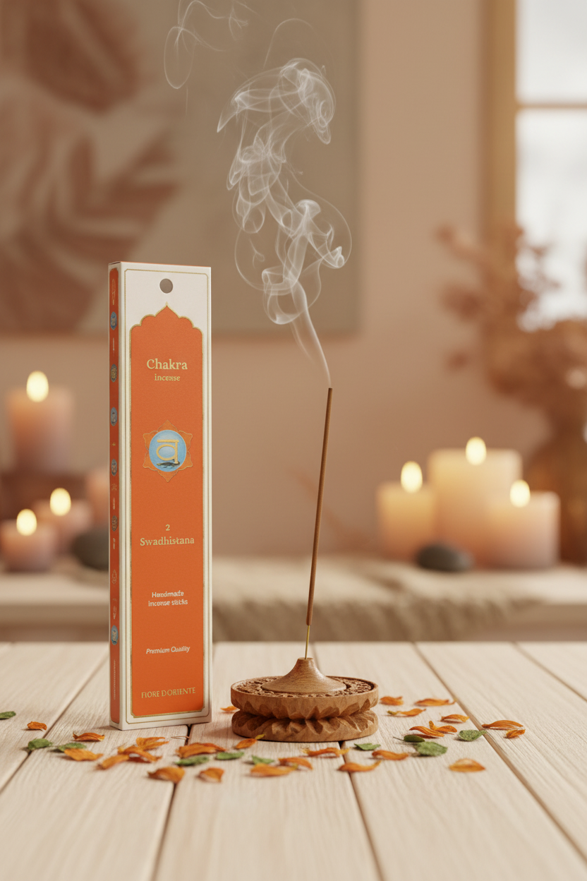 Incenso Secondo Chakra Svadhisthana Fiore d'Oriente con stick acceso in atmosfera olistica – Erboristeria La Clessidra Carpi