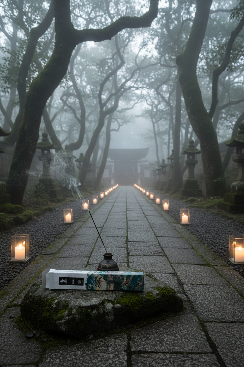 Incenso Giapponese Nippon Kodo Koh-Do Dojo in un viottolo nebbioso con candele e monastero sullo sfondo - Erboristeria La Clessidra Carpi
