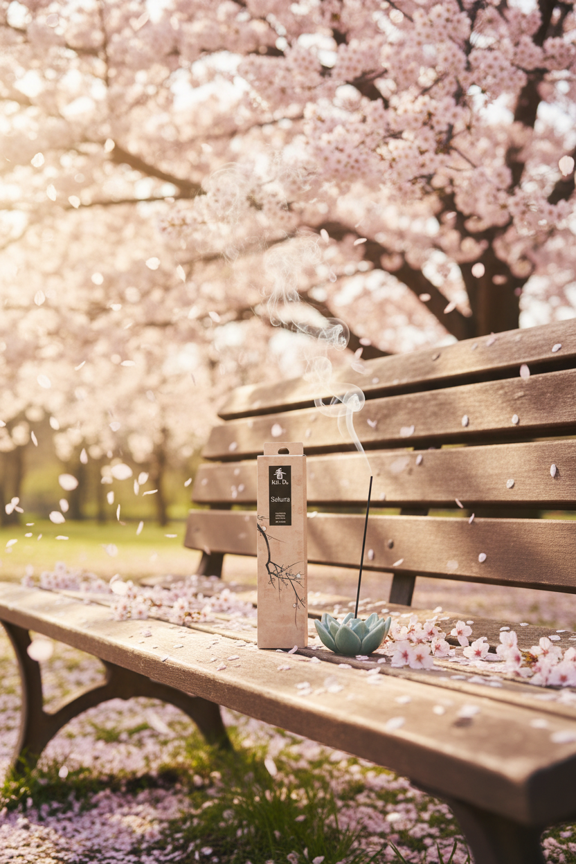 Incenso Giapponese Nippon Kodo Koh-Do Sakura su una panchina sotto un albero di ciliegio in fiore - Erboristeria La Clessidra Carpi
