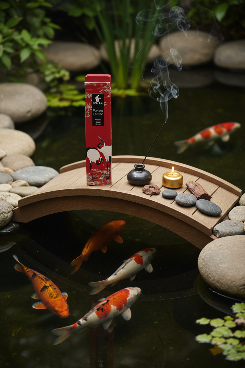 Incenso Giapponese Nippon Kodo Koh-Do Fortuna su ponticello di legno con carpe koi portafortuna - Erboristeria La Clessidra Carpi