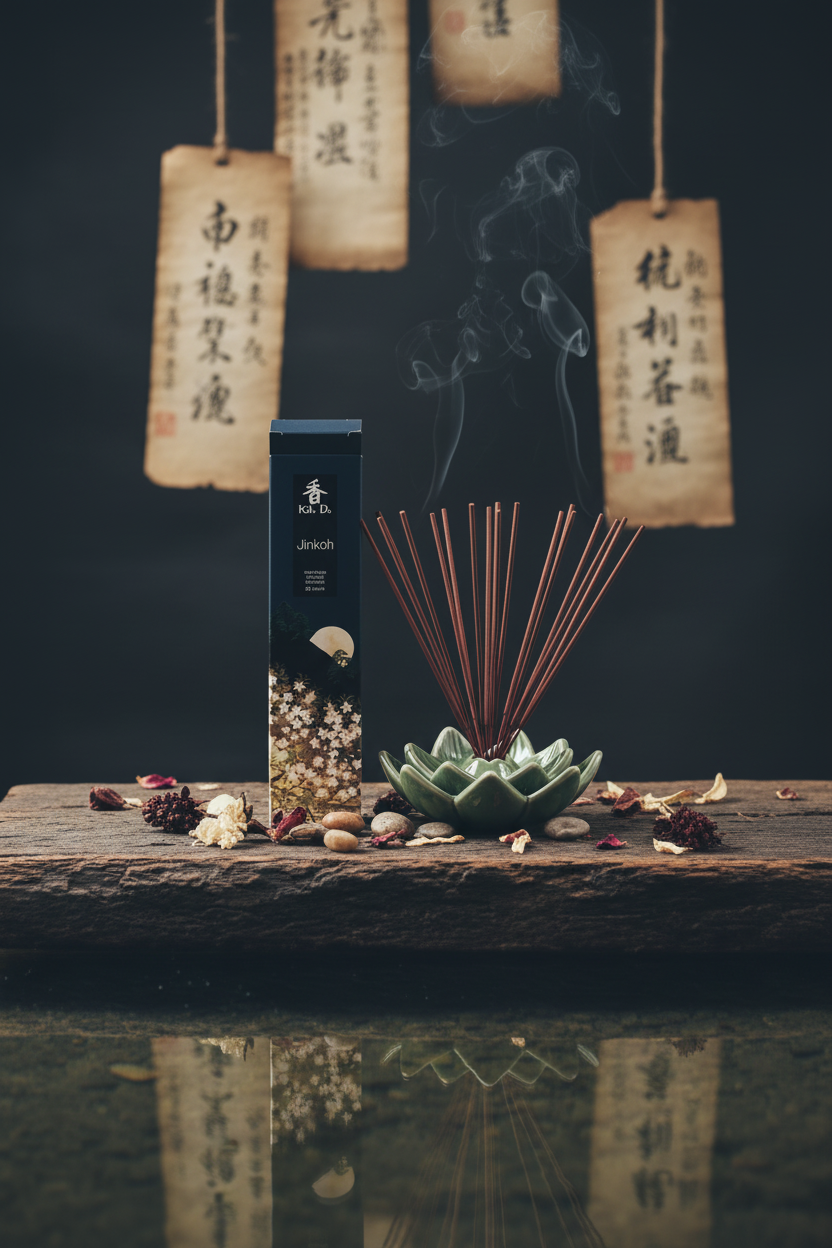 Incenso Giapponese Nippon Kodo Koh-Do Jinkoh Legno di Aloe resinoso con stick aperti e visibili su asse di legno in natura - Erboristeria La Clessidra Carpi