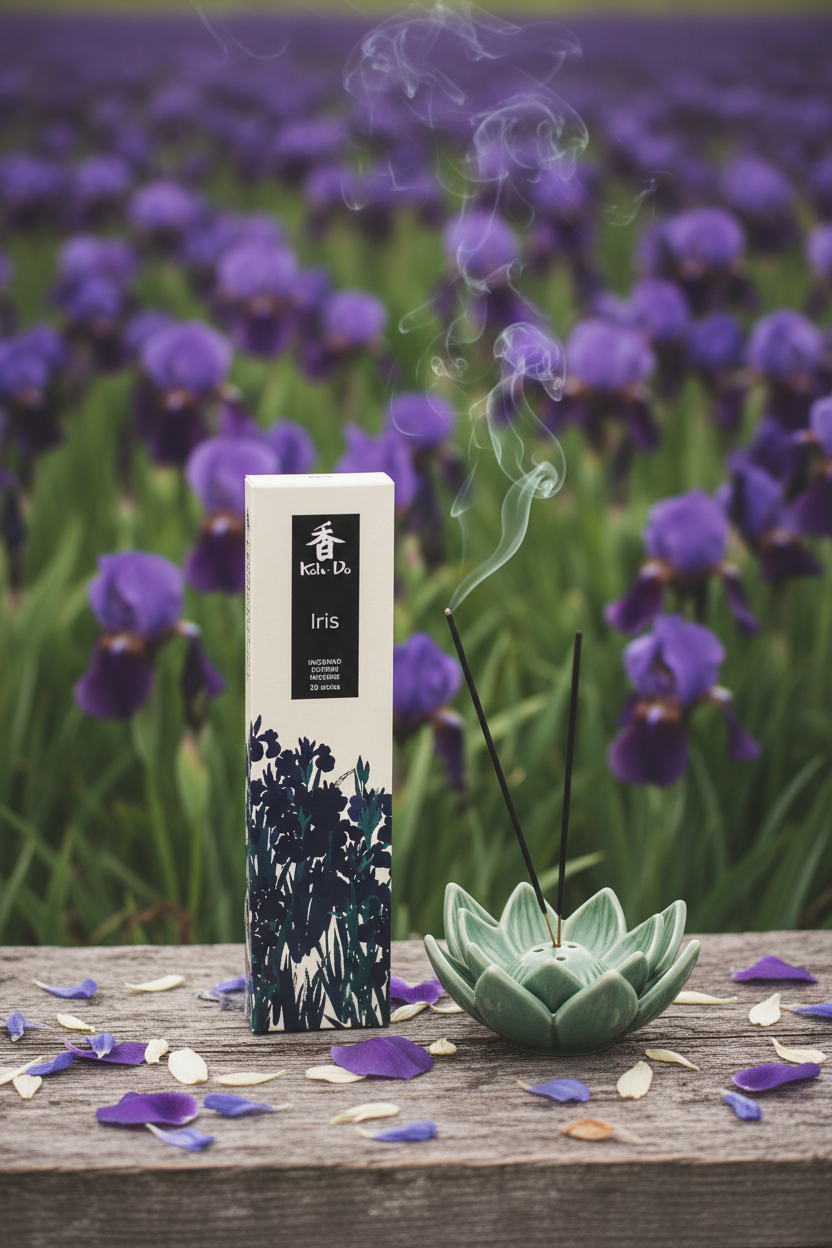 Incenso Giapponese Nippon Kodo Koh-Do Iris Giaggiolo fiorito su campo di iris sullo sfondo - Erboristeria La Clessidra Carpi