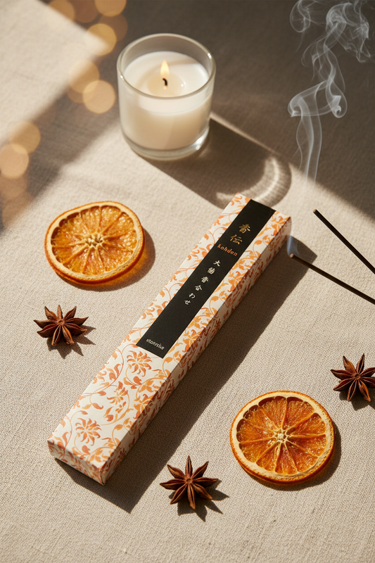 Incenso Giapponese Nippon Kodo Kohden Staranise Anice Stellato su tavolo con candele e arance secche - Erboristeria La Clessidra Carpi