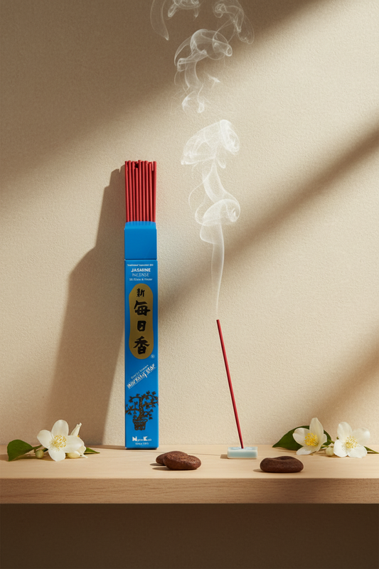 Incenso Giapponese Morning Star Jasmine Gelsomino appoggiato su mensola con stick acceso Erboristeria La Clessidra Carpi