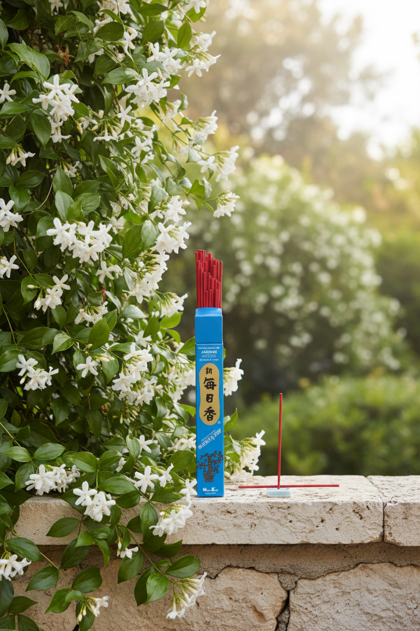 Incenso Giapponese Morning Star Jasmine Gelsomino appoggiato su muretto in un giardino con gelsomini fioriti Erboristeria La Clessidra Carpi