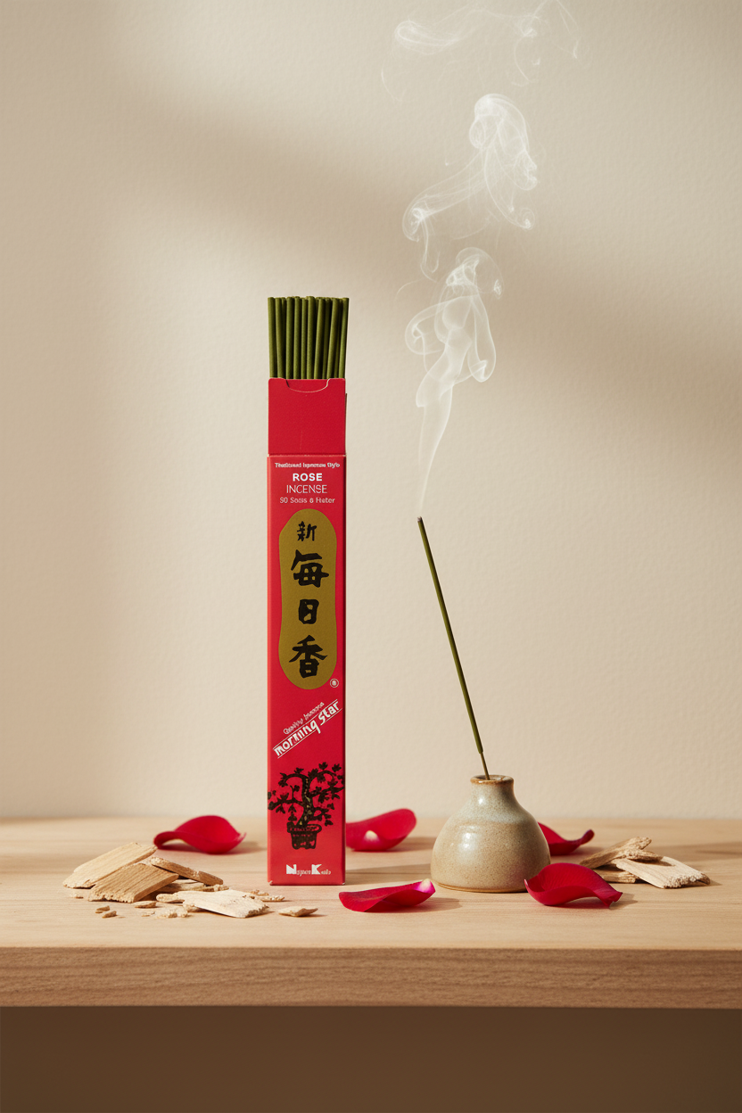 Incenso Giapponese Morning Star  Rose Rosa con stick acceso su mensola Erboristeria La Clessidra Carpi