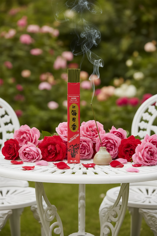 Incenso Giapponese Morning Star  Rose Rosa con stick acceso su tavolo da giardino rilassante Erboristeria La Clessidra Carpi