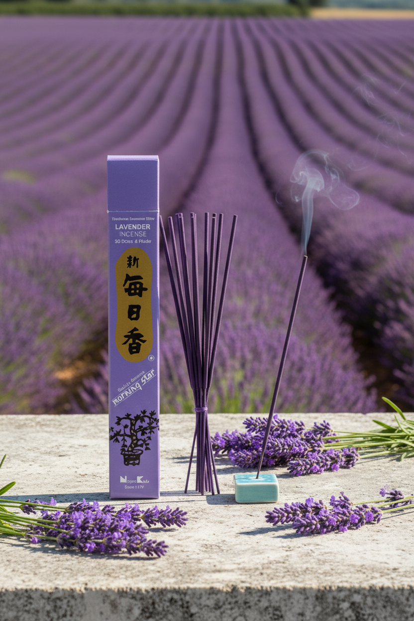 Incenso Giapponese Morning Star  Lavander Lavanda appoggiato su mensola di marmo con alle spalle un bellissimo campo di lavanda Erboristeria La Clessidra Carpi