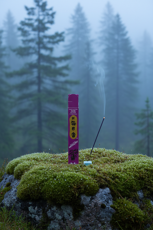Incenso Giapponese Morning Star Musk Muschio con incenso acceso su roccia con muschio Erboristeria La Clessidra Carpi