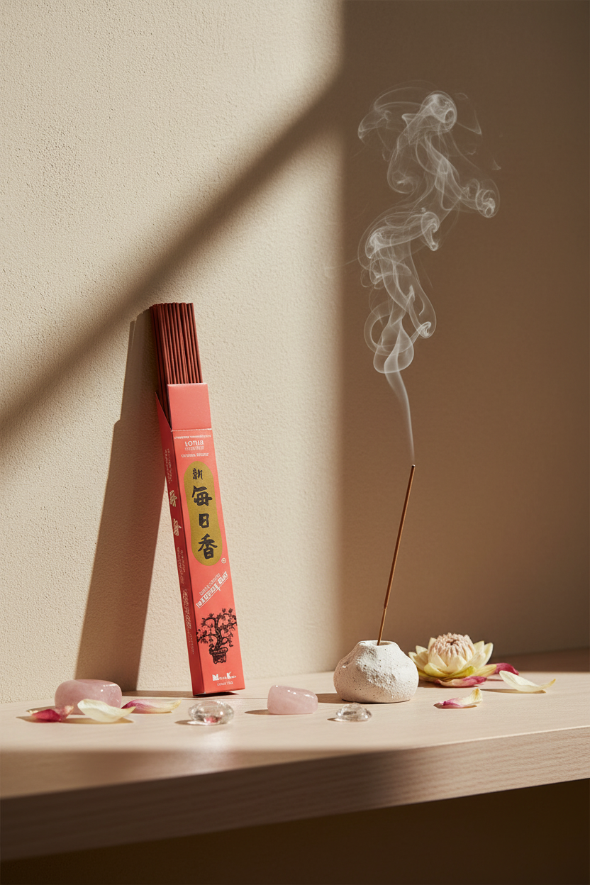 Incenso Giapponese Morning Star Lotus Loto scatola apoggiata al muro con stick acceso Erboristeria La Clessidra Carpi