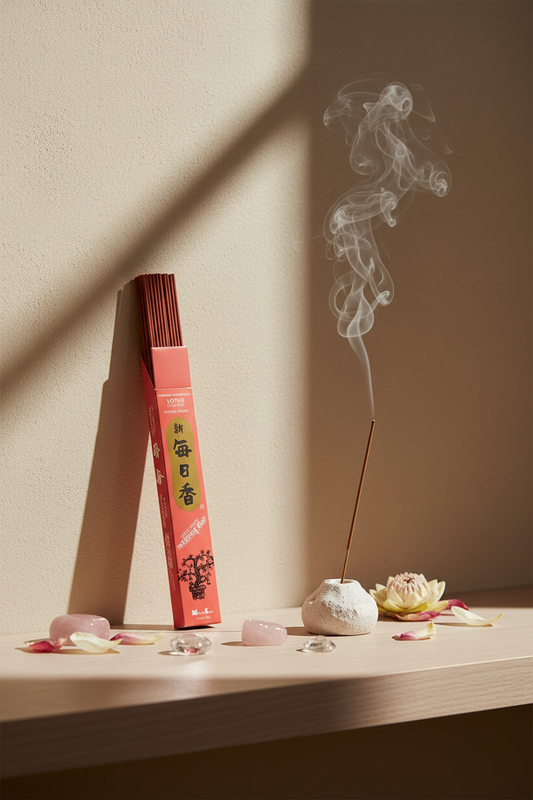 Incenso Giapponese Morning Star Lotus Loto scatola apoggiata al muro con stick acceso Erboristeria La Clessidra Carpi