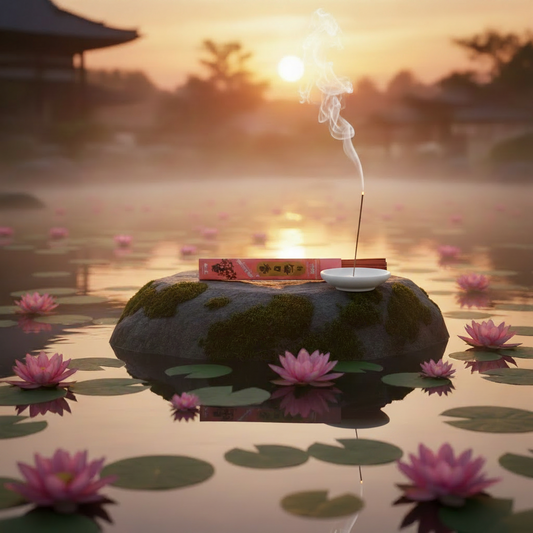 Incenso Giapponese Morning Star Lotus immerso nella natura con un laghetto di loto fiorito Erboristera La Cessidra Carpi
