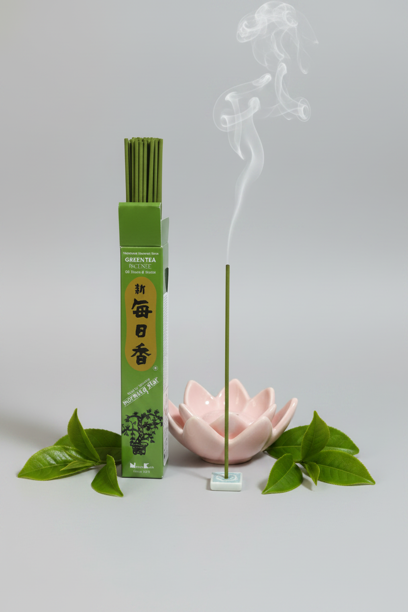Incenso Giapponese Morning Star Green Tea Te Verde scatola aperta con uno stick acceso Erboristeria La Clessidra Carpi