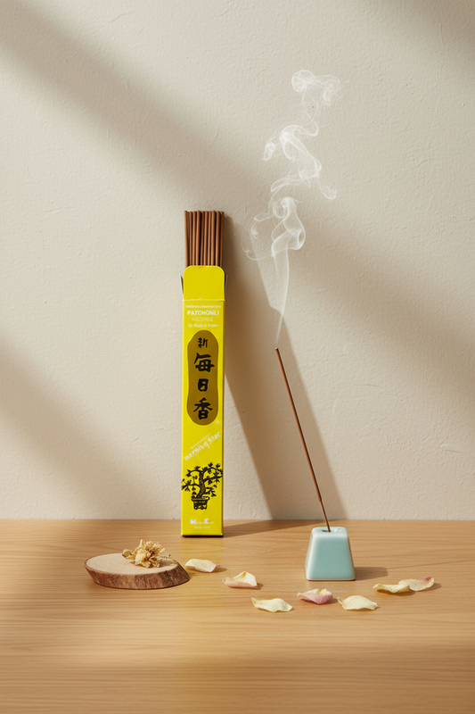 Incenso Giapponese Morning Star  Patchouli appoggiata ad un muro con stick visibili Erboristeria La Clessidra Carpi