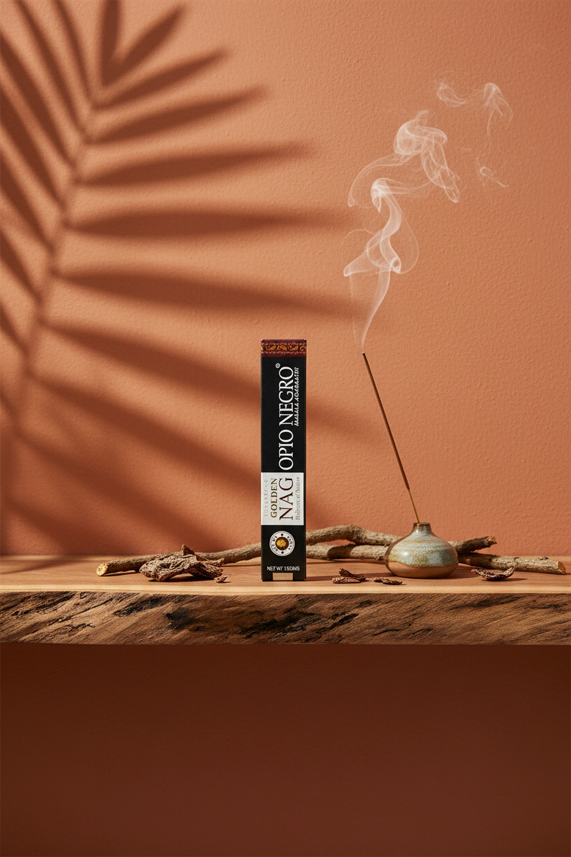 Astuccio di Incenso Golden Nag Opio Negro (Oppio Nero) Vijayshree su mensola di legno grezzo davanti a parete terracotta con ombre di foglie di palma, portaincenso artigianale con stick e scaglie di corteccia, da Erboristeria La Clessidra Carpi.
