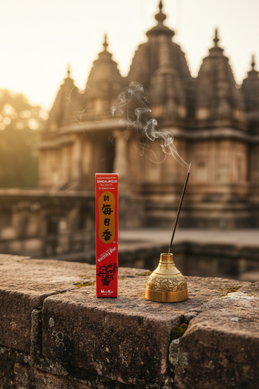 Incenso Giapponese Morning Star Sandalwood Sandalo sfondo di un tempio con uno stick acceso Erboristeria La Clessidra Carpi
