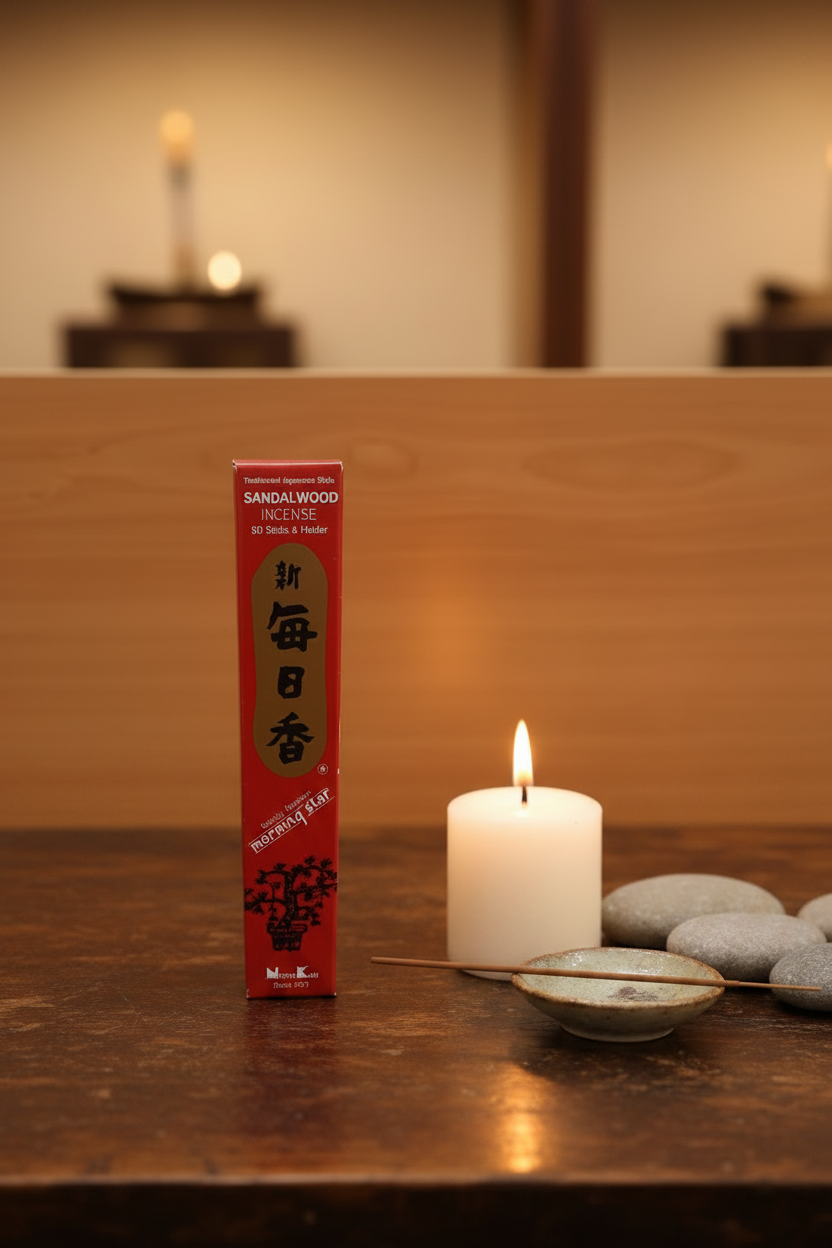 Incenso Giapponese Morning Star Sandalwood Sandalo scatola con uno stick appoggiato Erboristeria La Clessidra Carpi
