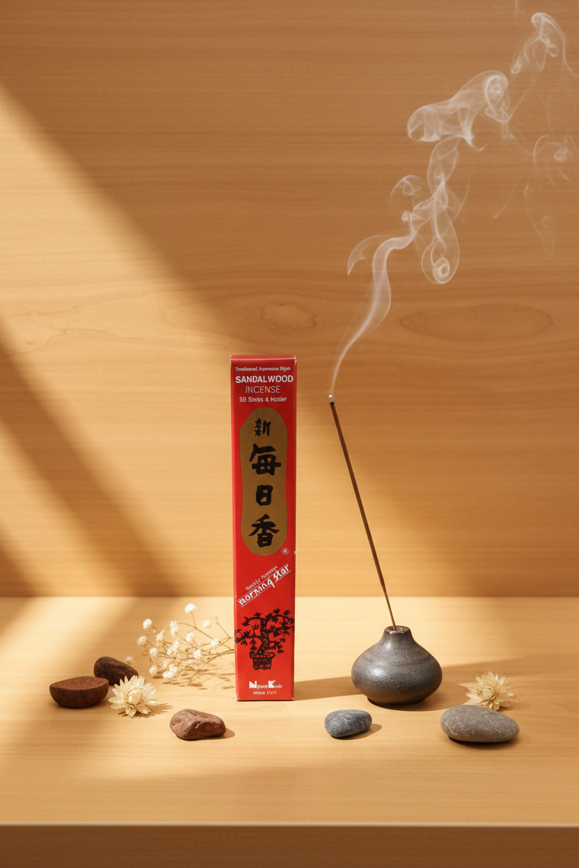 Incenso Giapponese Morning Star Sandalwood Sandalo scatola con uno stick acceso Erboristeria La Clessidra Carpi