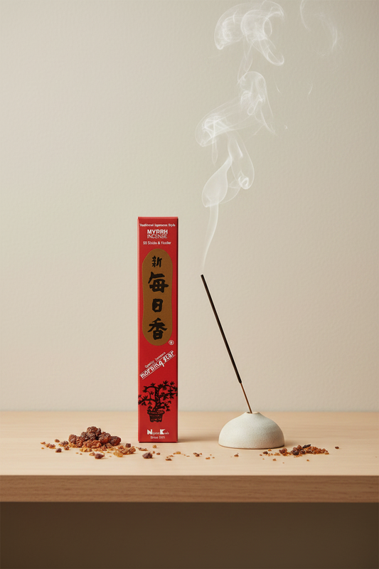 Incenso Giapponese Morning Star Myrrh Mirra ambiente rilassante con stick acceso Erboristeria La Clessidra Carpi